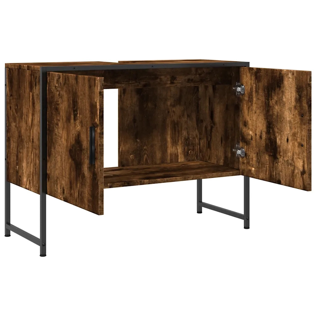 Mobiletto da bagno 80 x 33 x 60 cm ampio spazio contenitivo stile moderno legno composito finitura rovere affumicato 02_0049457