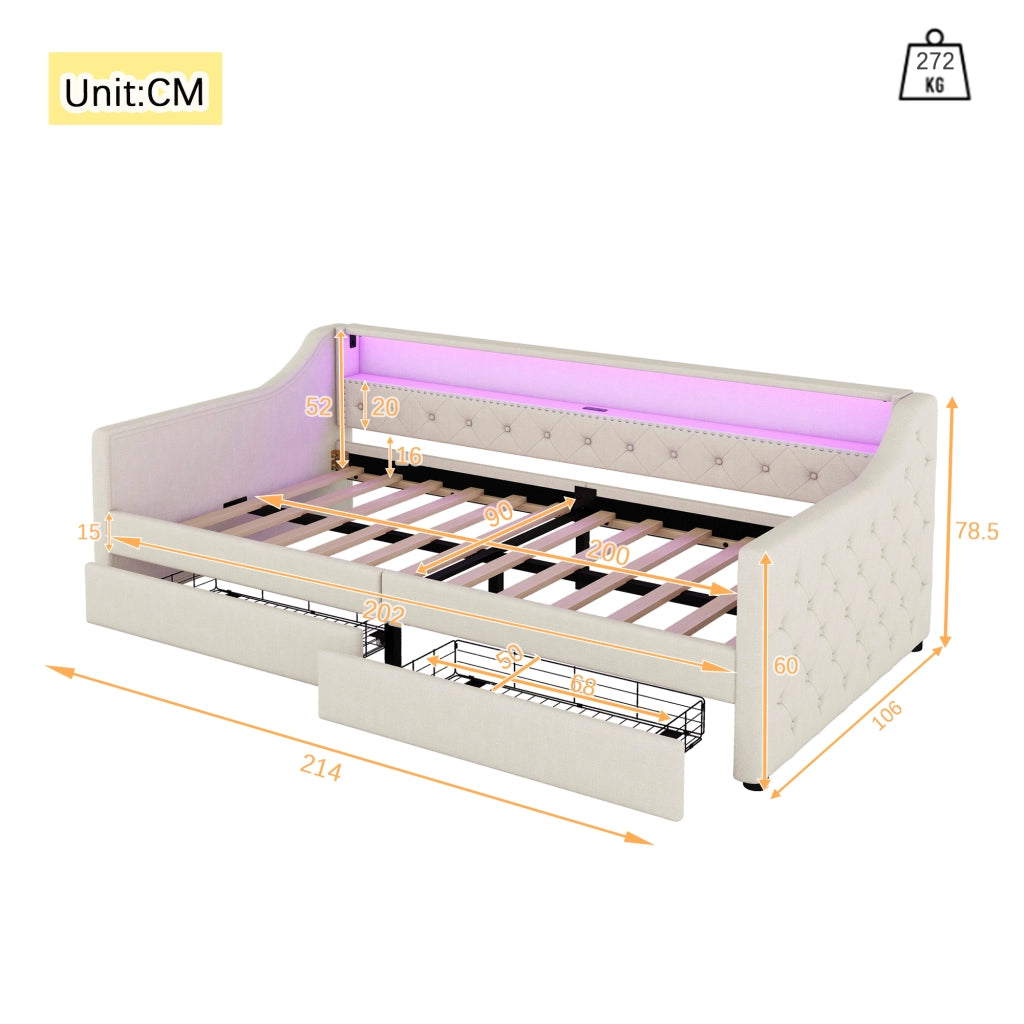 OKWISH Letto a Divanetto 90×200 cm, Letto Singolo con LED Multicolore, 2 Cassetti, USB e Telecomando, senza Materasso, in Lino, Beige