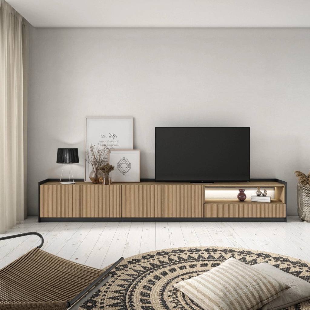 Mobile TV Soggiorno, 310x50x37 cm, Per TV fino a 80", Led, Rovere e nero
