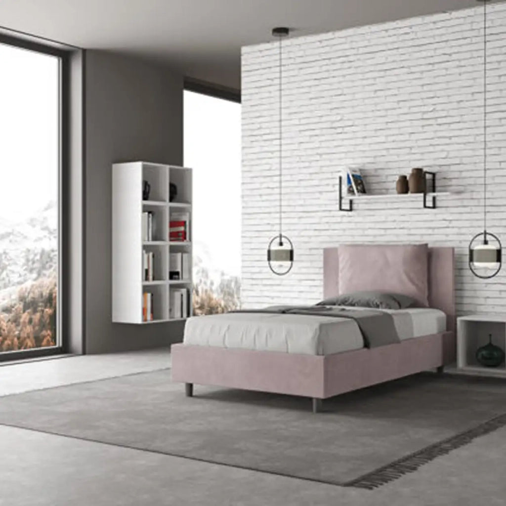 Letto una piazza e mezza contenitore imbottito 120x200 microfibra glicine Antea