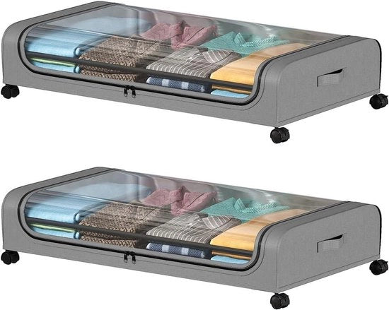 Cassetto di archiviazione per sotto il letto - Stoffa ermetico e rotante - Con ruote di blocco - Spazio di archiviazione duraturo - Coperchio trasparente - Set da 2