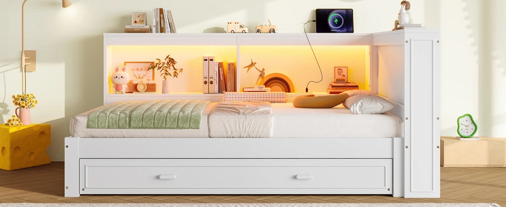 DESMIU Letto Divano 90 × 200 cm 1 posto con letto estraibile, LED, presa, USB e Type-C, senza materasso, bianco