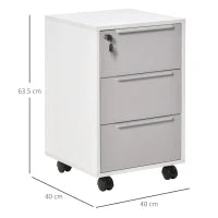Schedario per Ufficio a 3 Cassetti con Chiavi di Sicurezza e 4 Ruote, in Legno, 40x40x63.5 cm, Bianco e Grigio