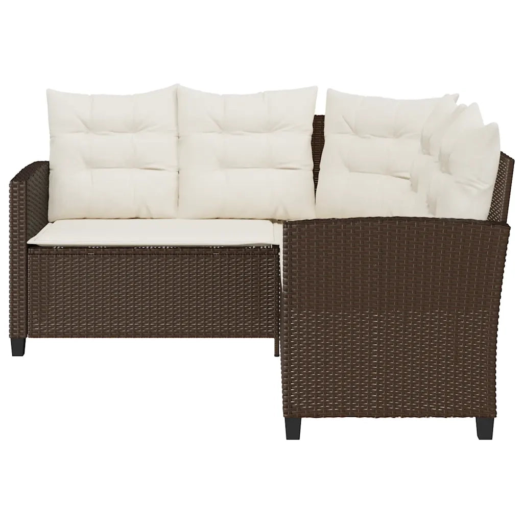 Divano da Giardino con Tavolo e Cuscini a L Marrone Polyrattan