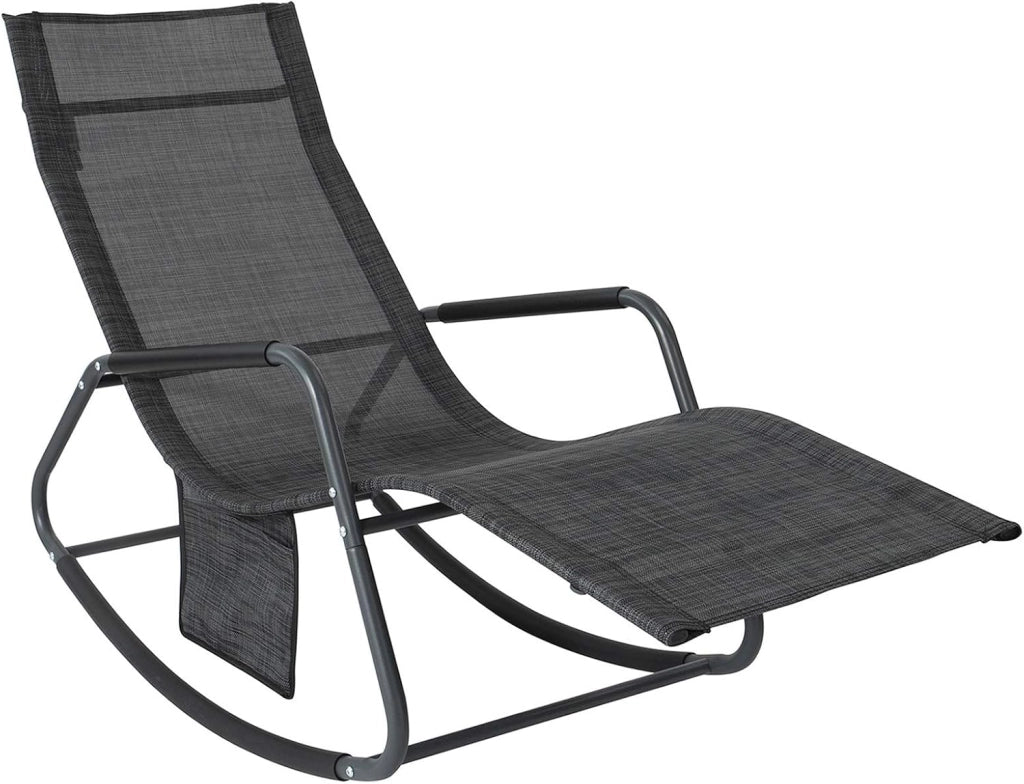 Dondolo da Giardino Sedia a Dondolo da Esterno Lettino Prendisole con Tasca Laterale Poltrona da Giardino Sdraio per Patio Balcone Campeggio Spiaggia Nero/Grigio 143x57x85 cm OGS47-MS
