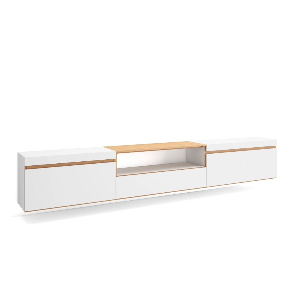 Mobile TV Soggiorno, 288x45x35 cm, TV di grande formato, Sospeso, da appendere, Bianco e Rovere soft