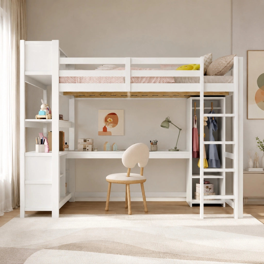 DESMIU Letto a soppalco 140 × 200 cm 2 posti con scrivania, ripiani, armadio e senza materasso, in pino, bianco