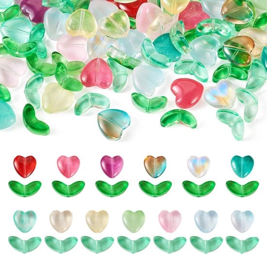 Collezione di perle di vetro trasparente - 78 pezzi - perle a forma di cuore e foglia - per creare gioielli - 13 colori - contenitore di conservazione 10,8x7,4x1,8cm - perle per gioielli
