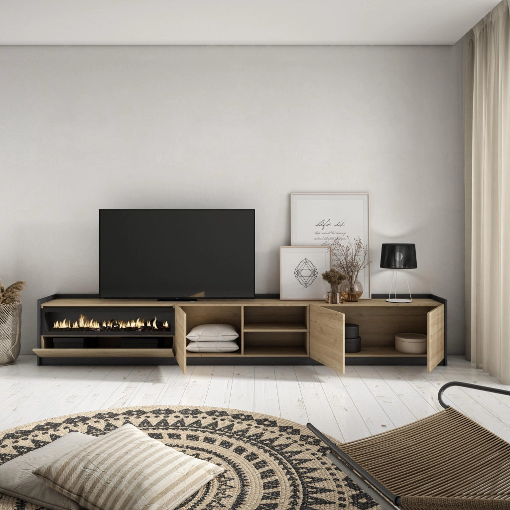 Mobile TV Soggiorno, 310x50x37 cm, Per TV fino a 80", Camino elettrico, Rovere e nero