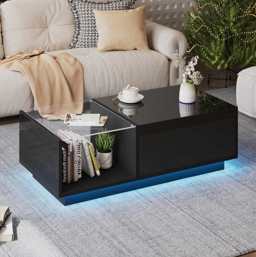 Tavolino da caffè nero con LED RGB, piano sollevabile e cassetti