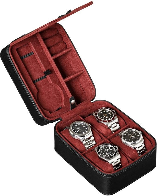 Borsa per orologi, organizzatore di stoccaggio | Borsa in materiale resistente e trasportabile con chiusura a righello, adatta a tutti gli orologi fino a 50 mm (nero/rosso)