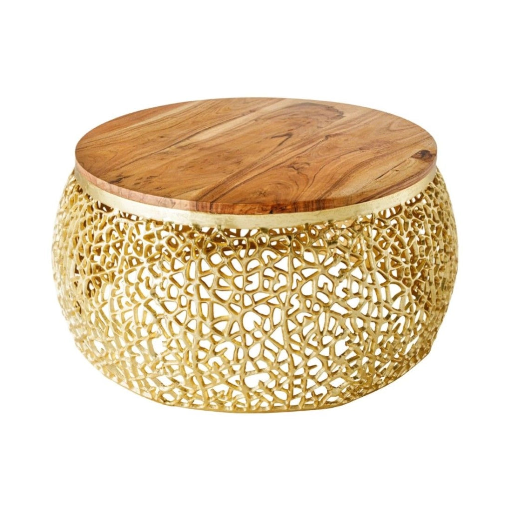 Table bassa METRIX rotonda 72 cm dorata con piano in legno di acacia – Tavolino design in alluminio e legno massiccio