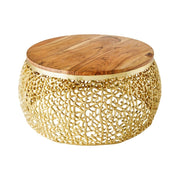 Table bassa METRIX rotonda 72 cm dorata con piano in legno di acacia – Tavolino design in alluminio e legno massiccio