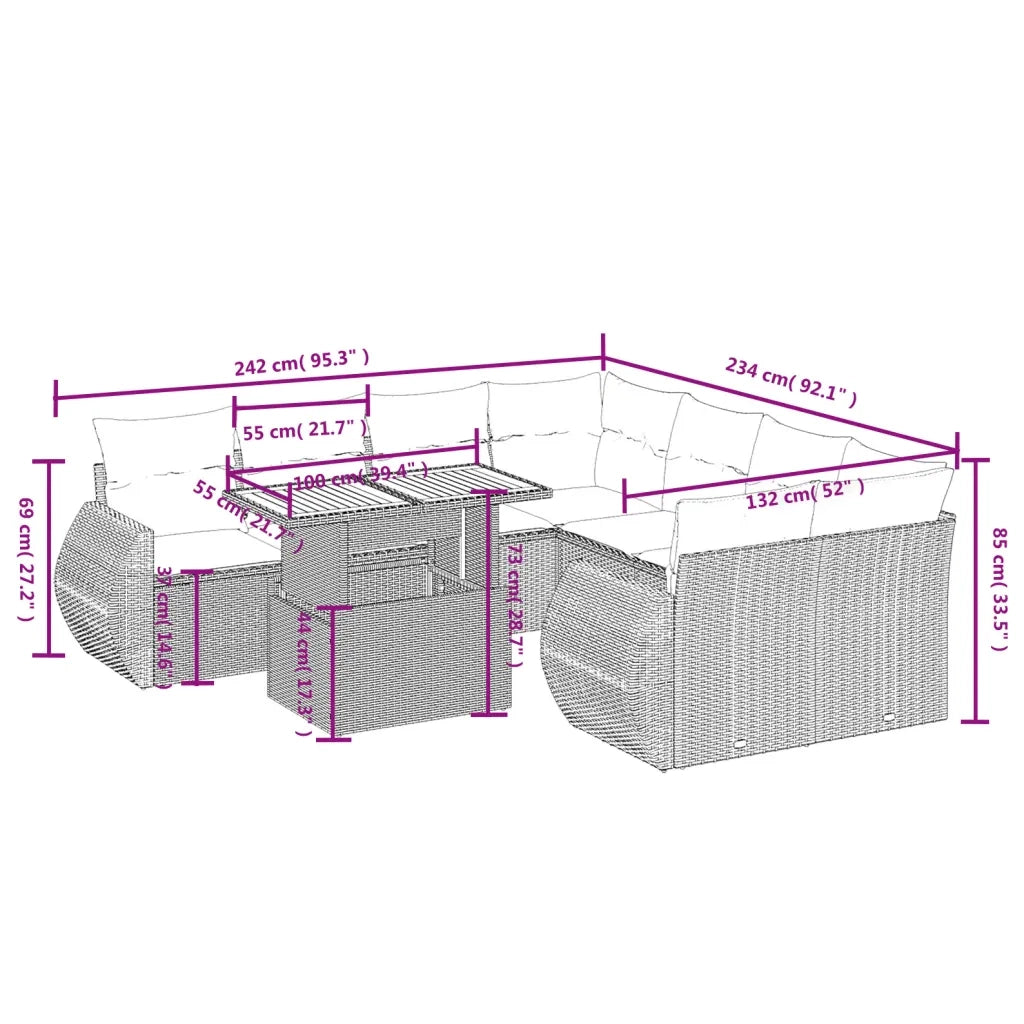 Set Divano da Giardino 9 pz con Cuscini Grigio in Polyrattan