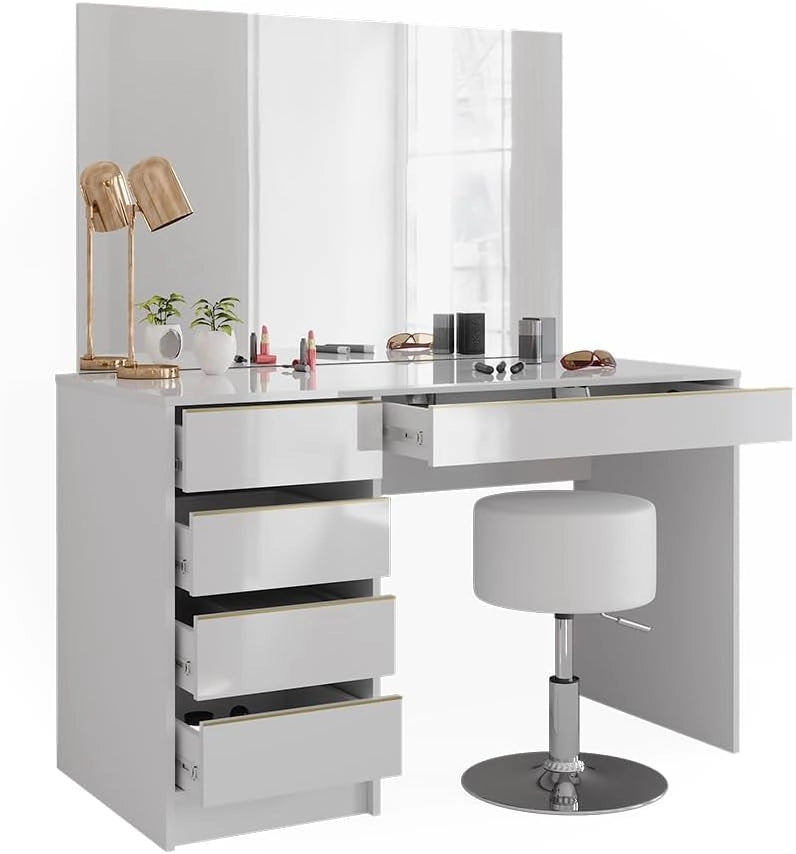 Set tavolino da toilette Sherry, Bianco/Oro, 120 cm con sgabello, inclusi sgabello e grande specchio per l’uso quotidiano