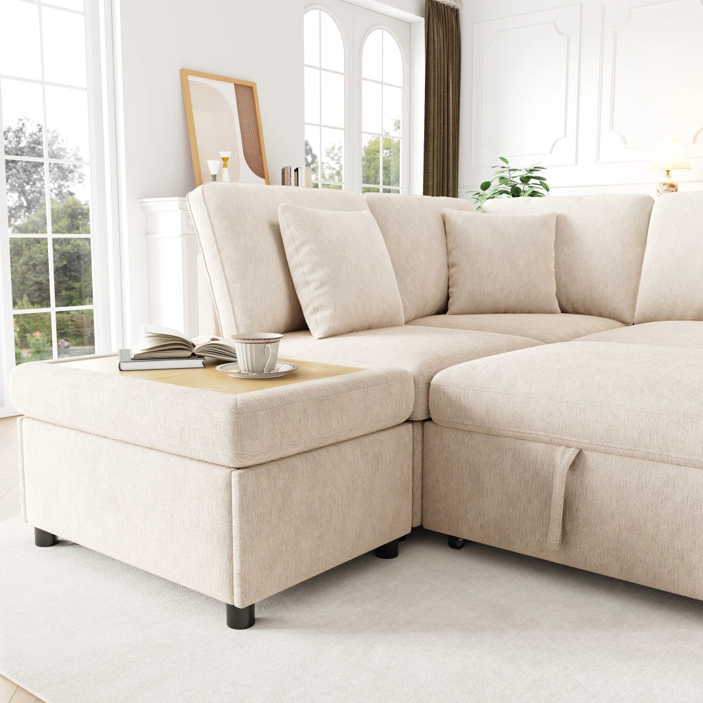 DIVANO ANGOLARE LETTO ESTRAIBILE 247,5x172x87 cm Chenille Beige con 2 pouf e 3 cuscini
