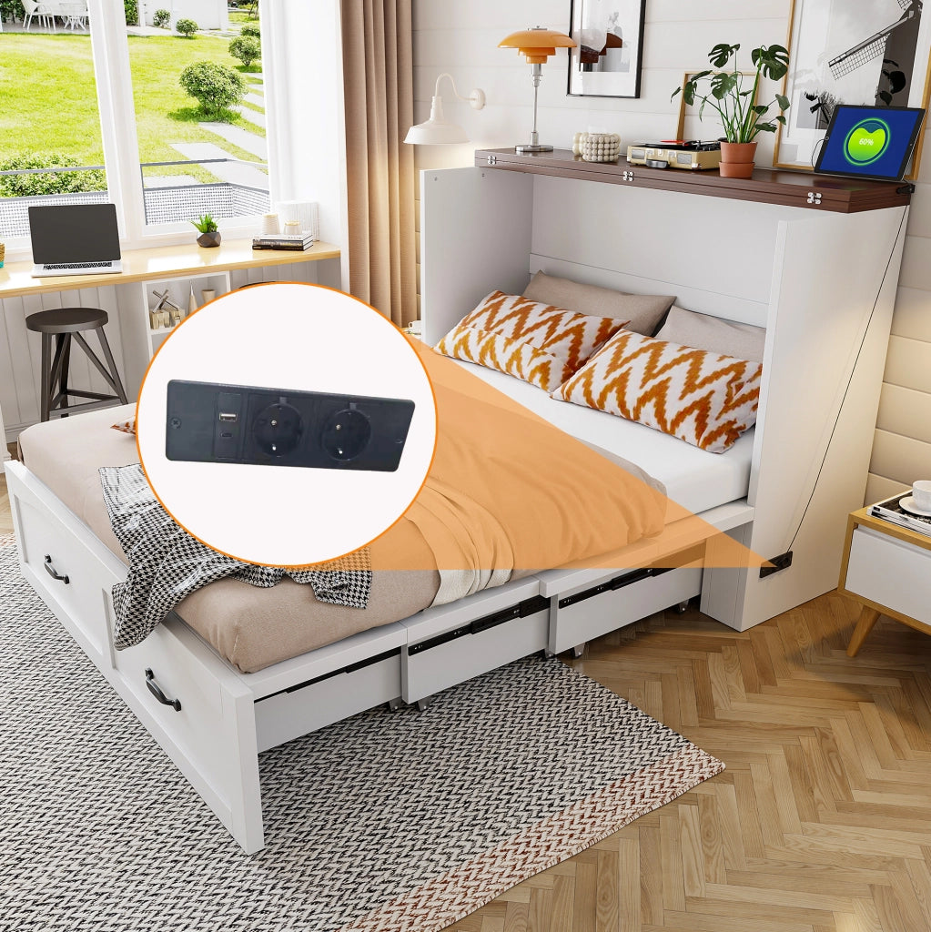 Letto a scomparsa pieghevole 140x200 cm con presa EU; bianco