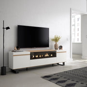 Mobile TV Soggiorno, 200x57x35cm, Per TV fino a 80", Camino elettrico, Design industriale, Bianco e Rovere soft