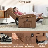 Poltrona Alzapersona Reclinabile a 160° con Poggiapiedi e Telecomando, in Velluto, 85x88x109 cm, Marrone