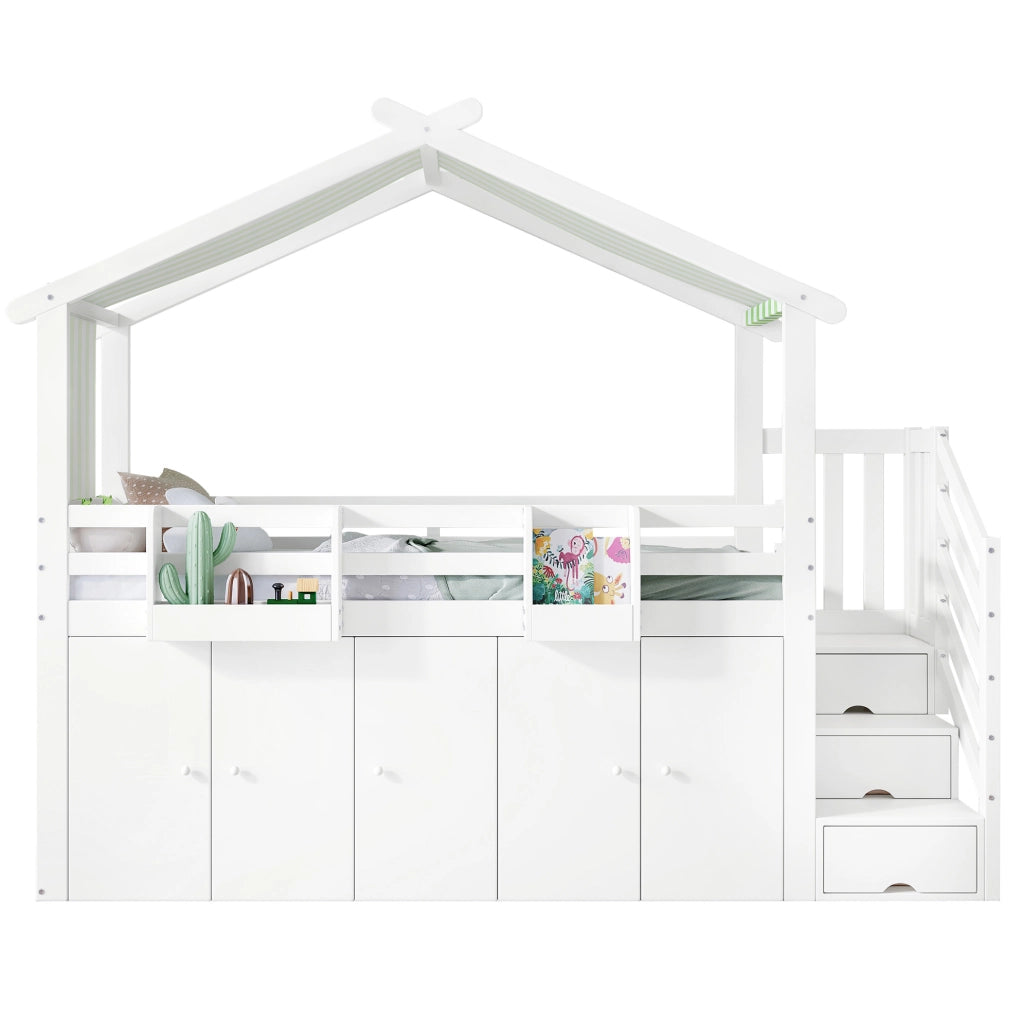 Letto a castello per bambini 90x200 cm con scala contenitore; armadio e vani portaoggetti; bianco e verde