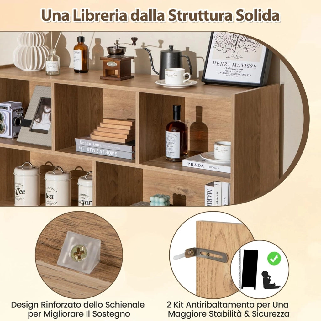 Scaffale Multiuso a 3 Livelli, Mobiletto Espositore Moderno a 8 Cubi, Libreria di Legno per Bambini, Organizer Giocattoli per Camera da Letto, Soggiorno, Studio, Bianco (Naturale)