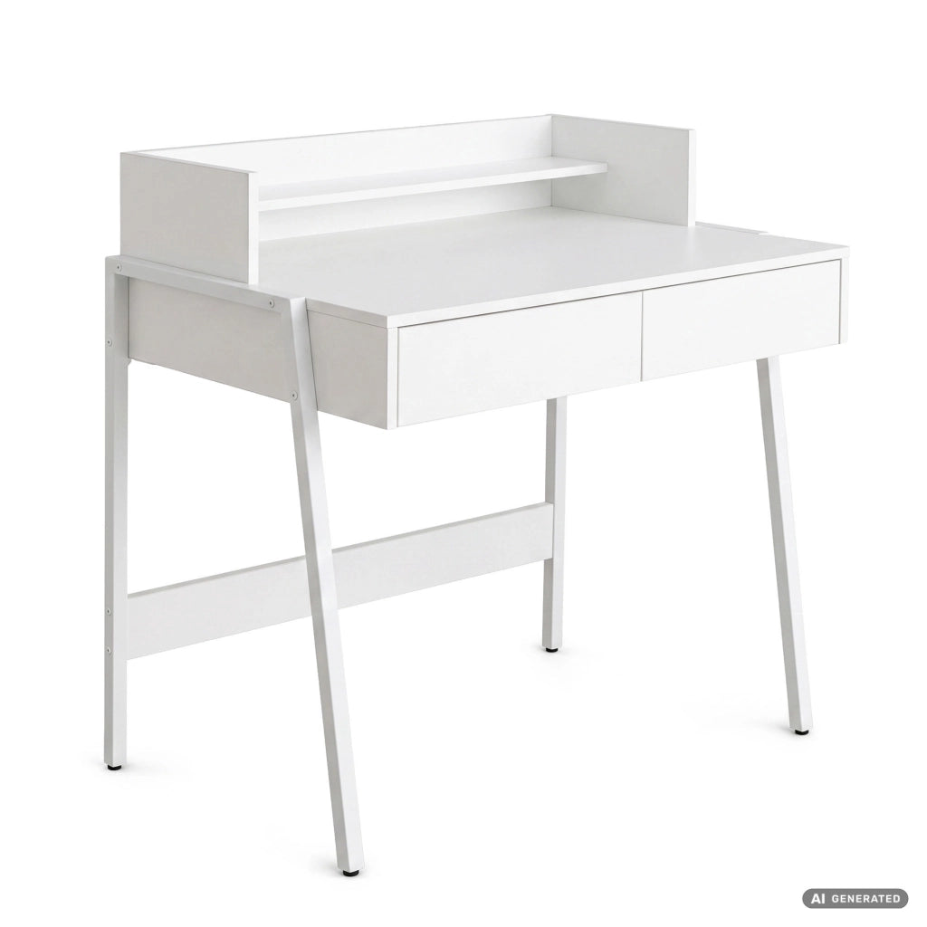 Scrivania industriale per computer Bianca FLUX 78 cm 2 cassetti 1 ripiano gambe bianche