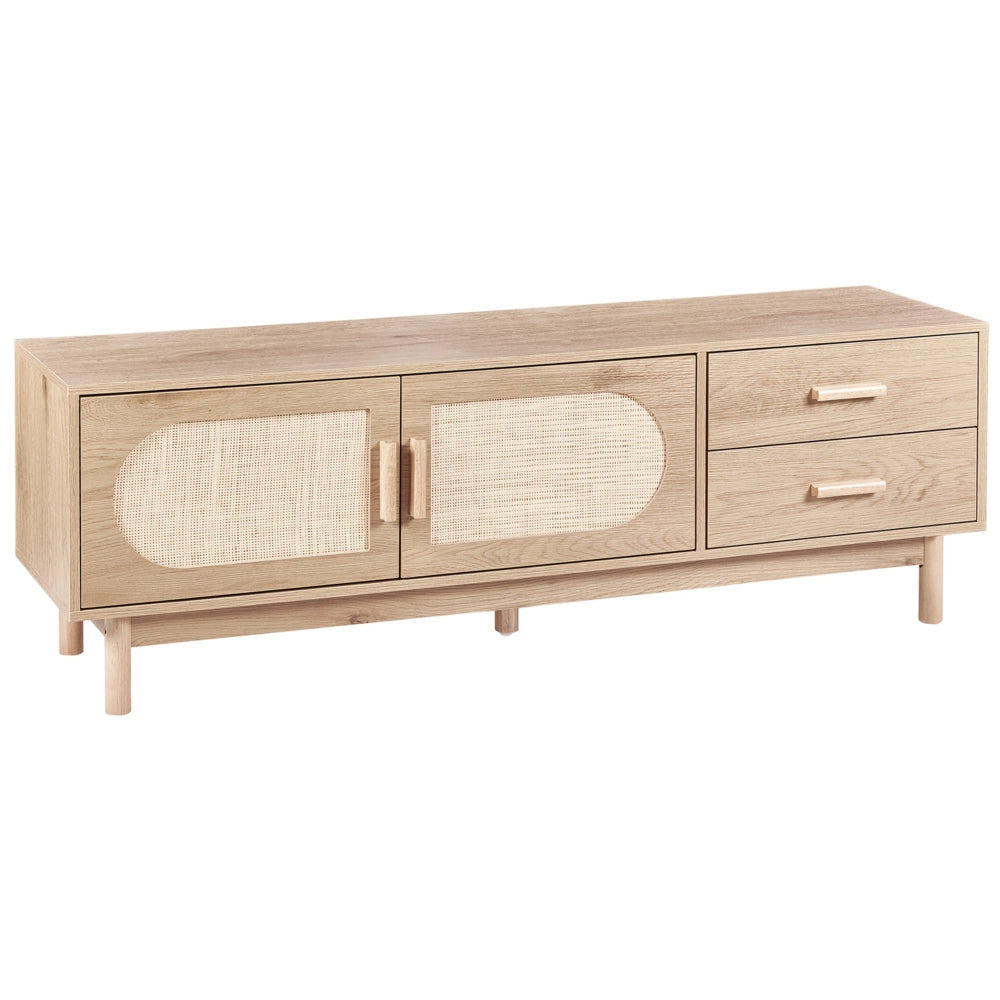 Mobile TV marrone chiaro in truciolato con frontale in rattan TV fino a 70ʺ Gambe in legno Stile boho Soggiorno