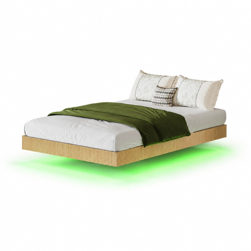 Letto 200x140x25 cm con design sospeso e LED RGB; in ferro e truciolare; naturale