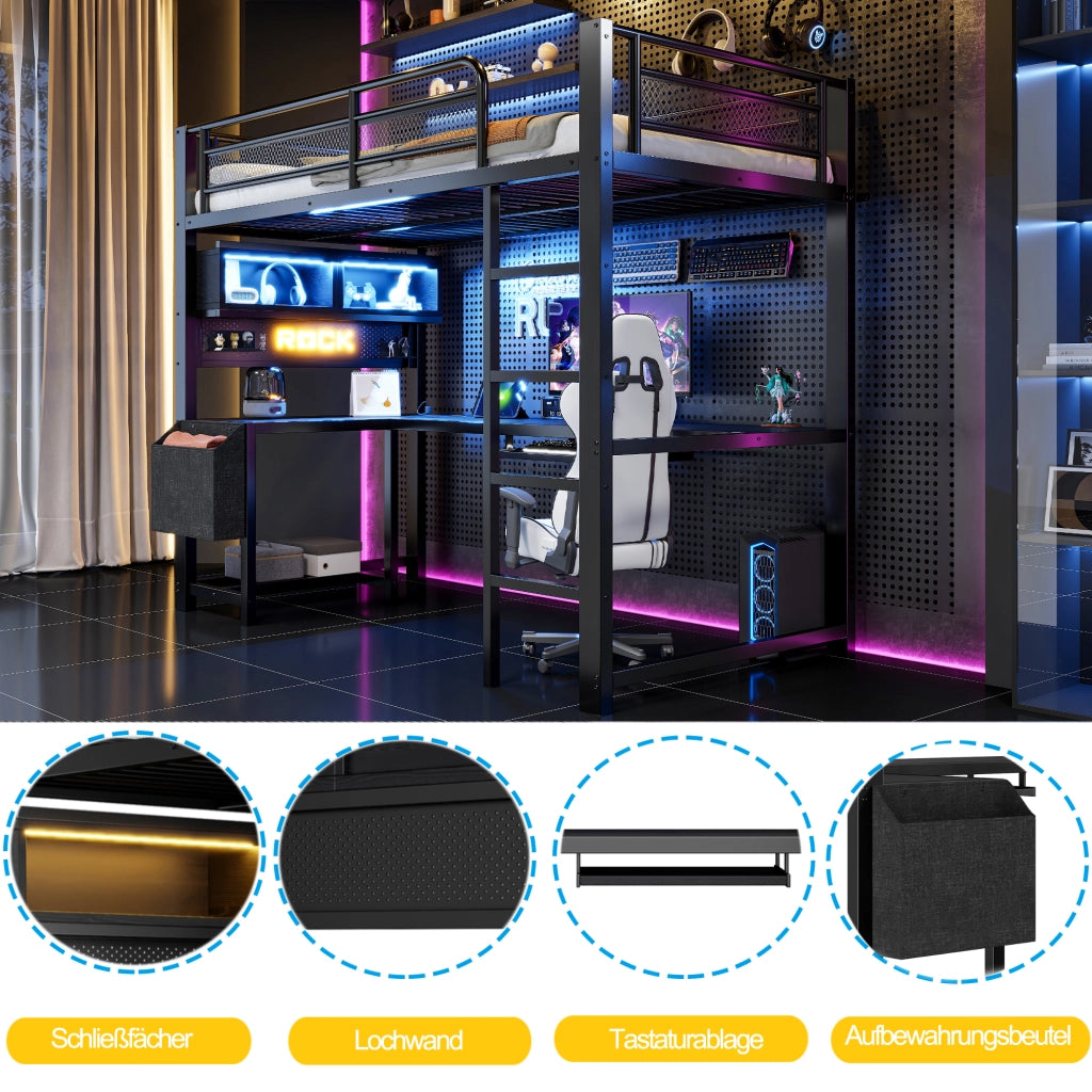 DESMIU Letto a soppalco 90 × 200 cm 1 posto con scrivania, LED, prese USB, senza materasso, nero
