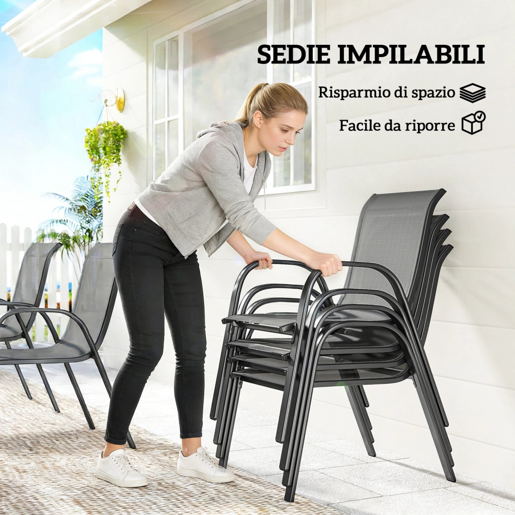 Set 7 Pezzi da Esterno con Tavolo Rettangolare in Acciaio e 6 Sedie Impilabili in Texteline Grigio Chiaro