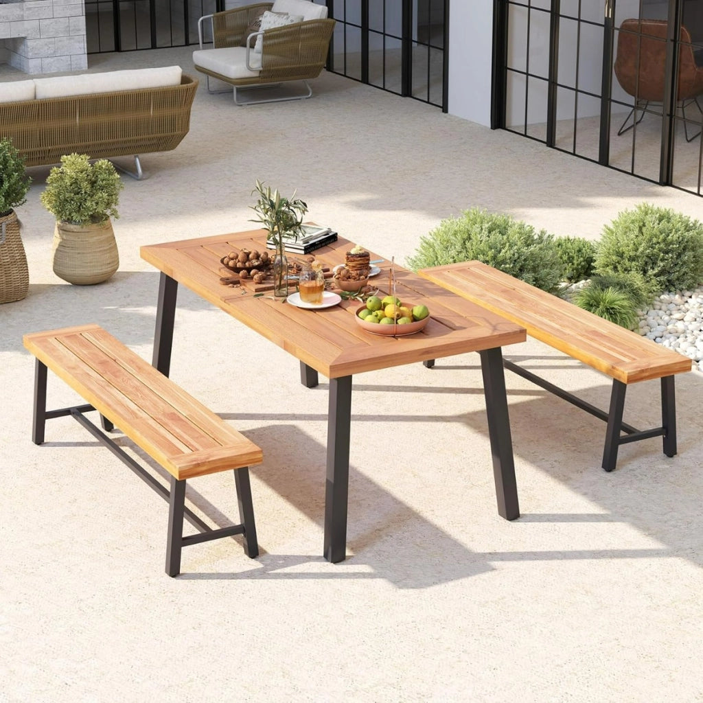 Panchina da giardino in legno di acacia con telaio in metallo resistente, Panchina senza schienale 2 pezzi