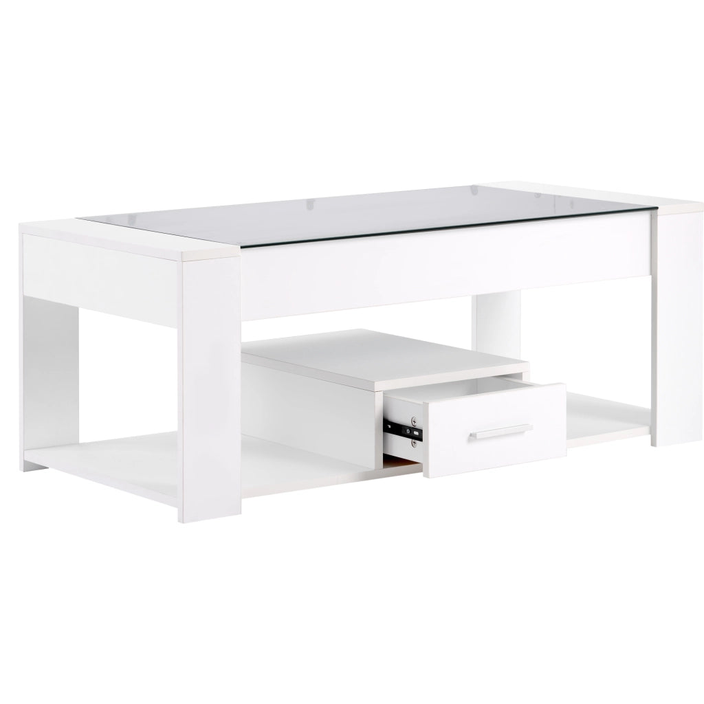 Tavolino da Caffè con 2 Cassetti e Vano Aperto; per Soggiorno; in Pannello Truciolare e Vetro; 100×50×40 cm; Bianco
