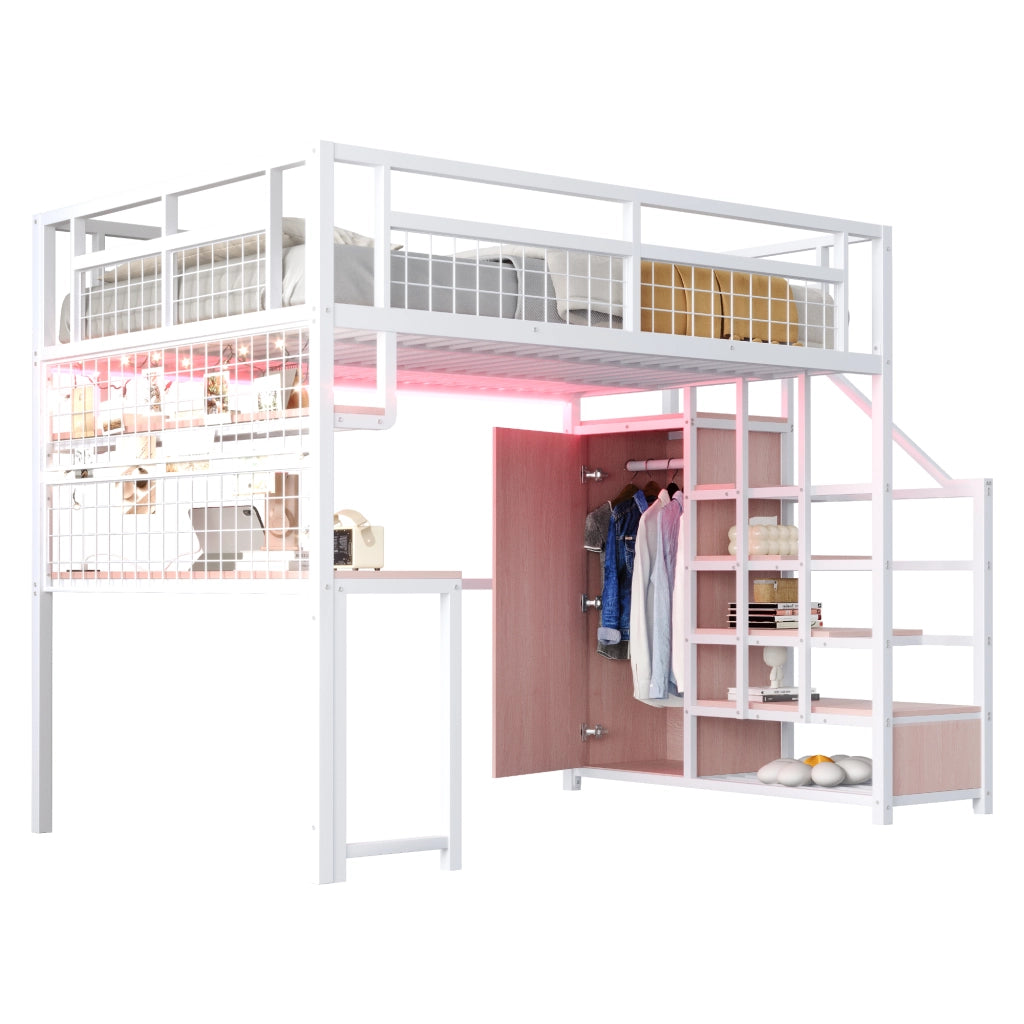 Letto a castello in metallo bianco con scala portaoggetti e armadio integrato 140x200 cm