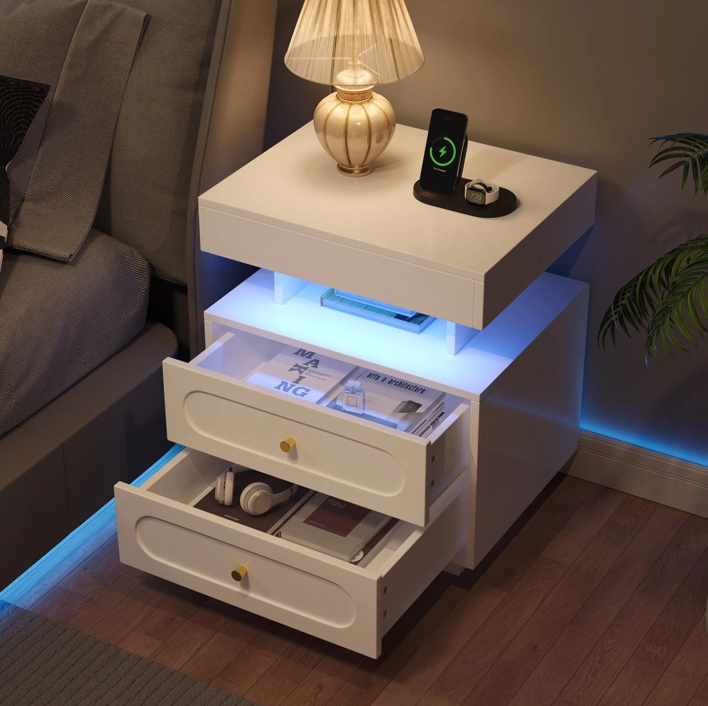 Comodino bianco con LED, 2 cassetti e vano aperto, 50x40x60 cm