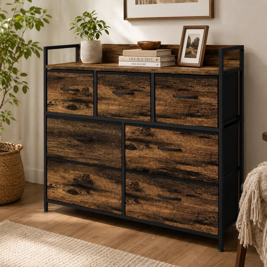 Cassettiera 98x29x85 cm con 7 cassetti pieghevoli; struttura in acciaio; poliestere marrone