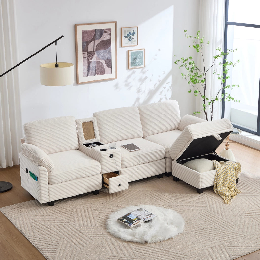 Divano modulare 4 posti - con console scorrevole e pouf contenitore - in velluto a coste beige