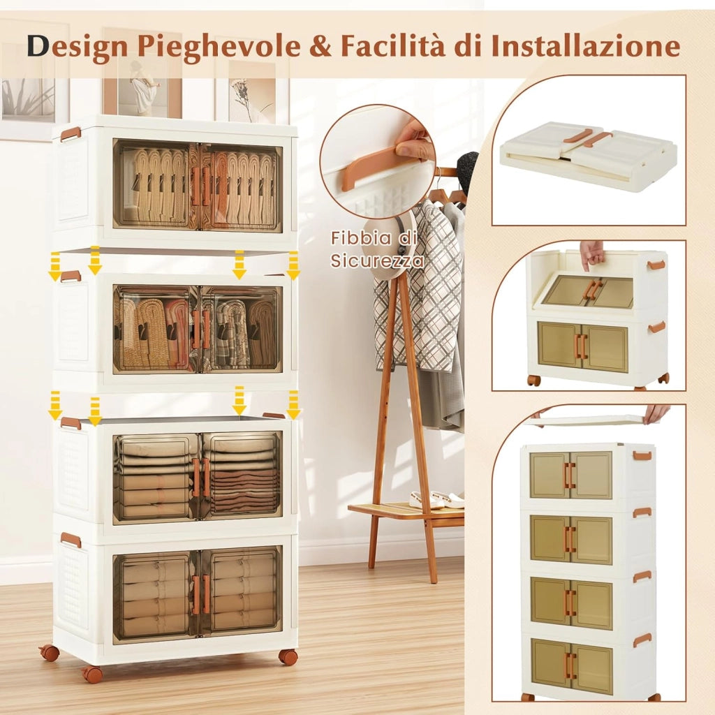 Contenitori Pieghevoli con Coperchio, Set da 4/3 Scatole di Plastica Impilabili con Ruote, per Organizzatore di Armadio con Porte a Apertura Frontale, Multiuso (68,5 x 37,5 x 140 cm)