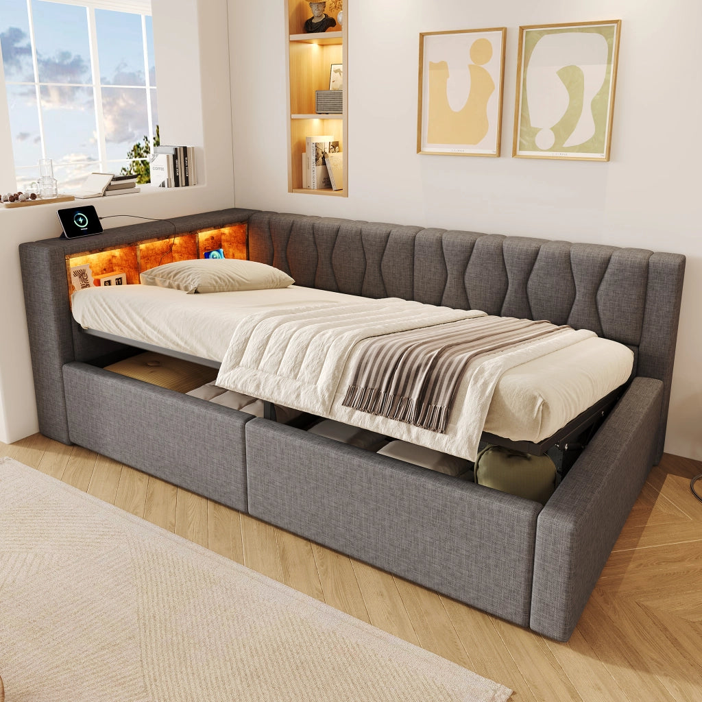 Letto da giorno 90x200 con contenitore; LED dimmerabile; ripiani e USB; lino e MDF; beige
