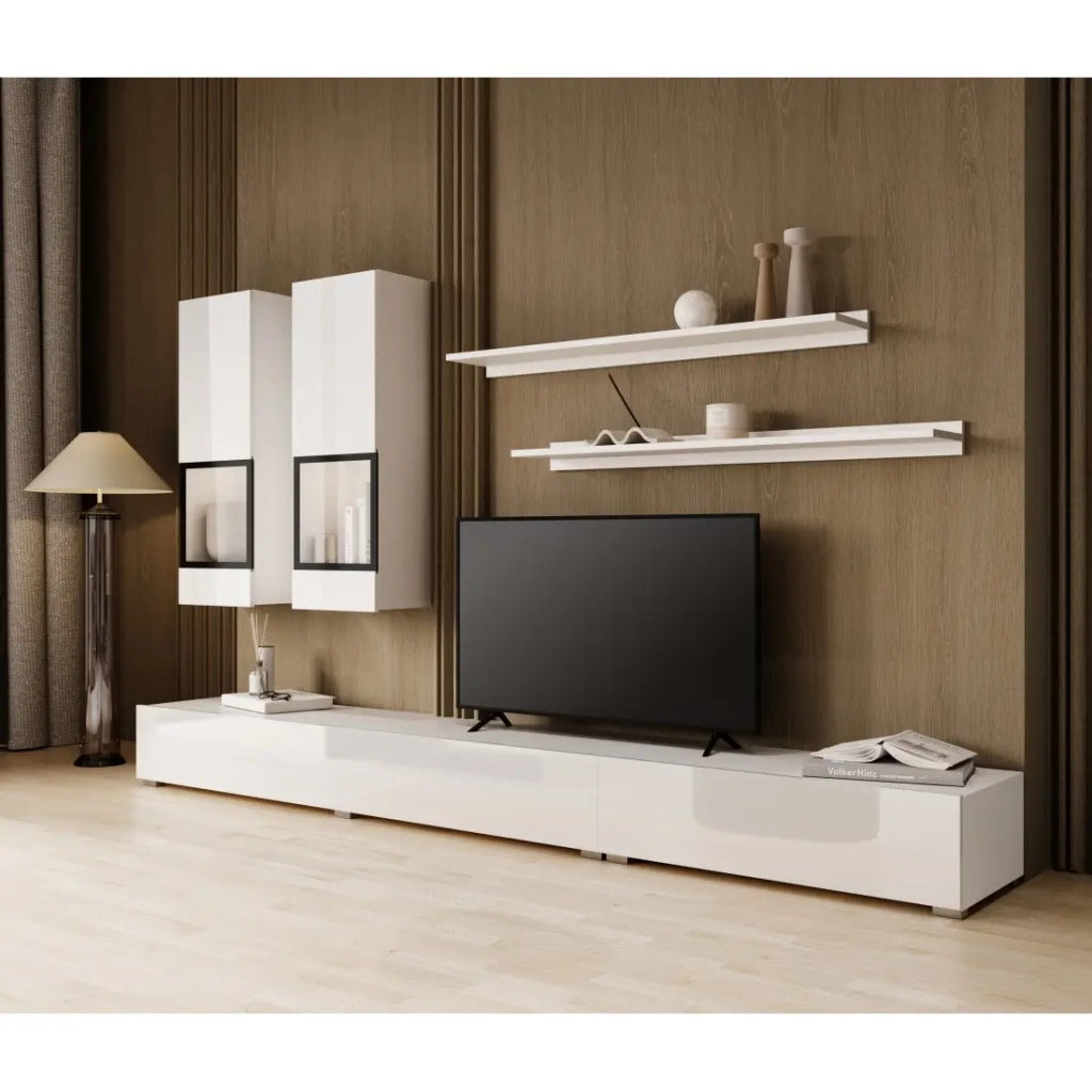 Composizione murale RAMOS - Colore bianco - Mobile TV XL, 2 vetrine e 2 scaffali - Design