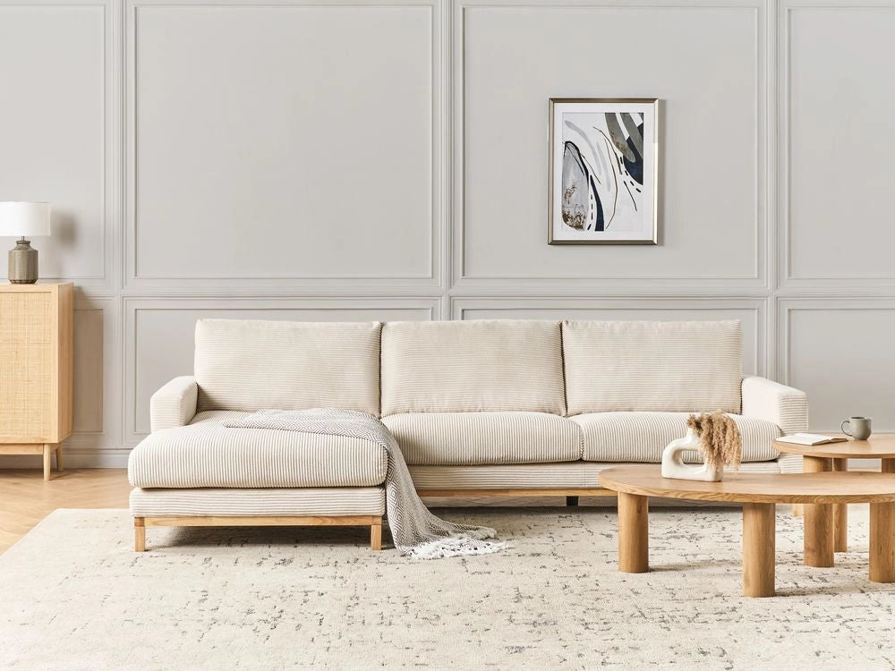 Divano angolare a destra Tappezzeria in corda jumbo beige chiaro Gambe in legno Elegante