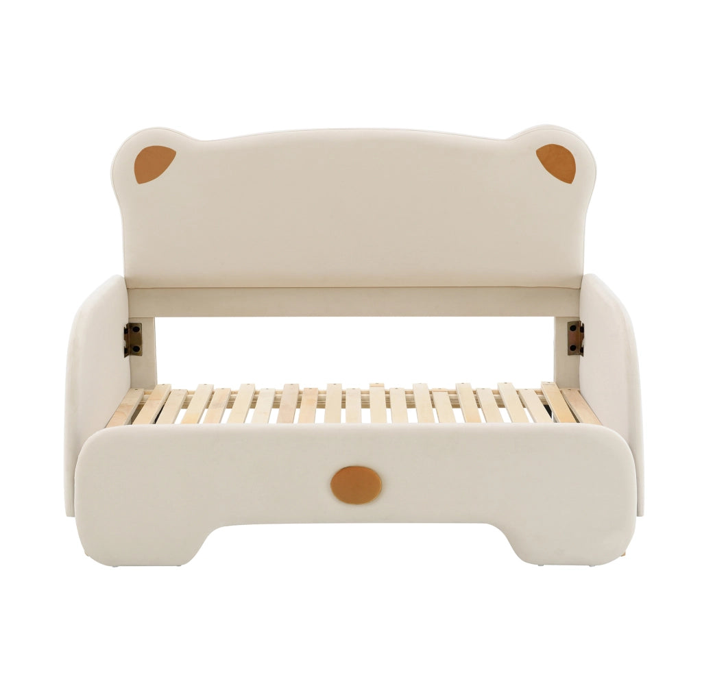 Letto matrimoniale 205x149x106.5 cm con sponde morbide; rete a doghe in legno; velluto beige