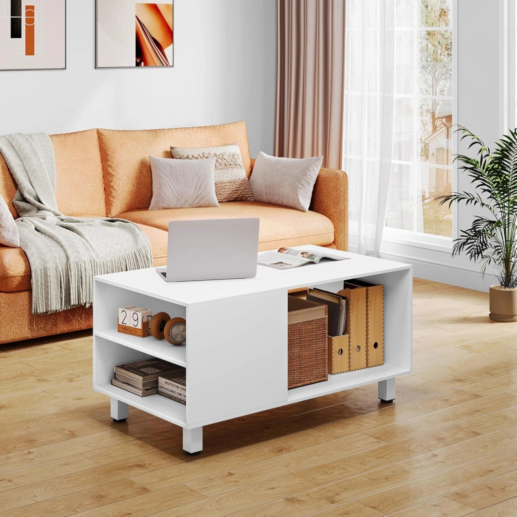 Tavolino con Vano Portaoggetti, Tavolino da Divano con 3 Scomparti, Tavolino da Divano con Gambe in Metallo, per Divano da Salotto, 50 kg Caricabile, 90x50x45 cm, Bianco, BTS23ws
