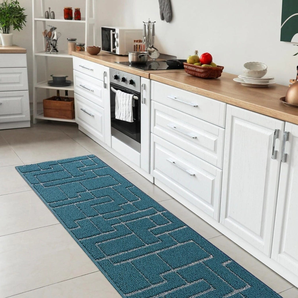 Tappeto Casa Cucina 3D 50x145 Cm Design Geometrico Moderno Assorbente Antiscivolo Blu