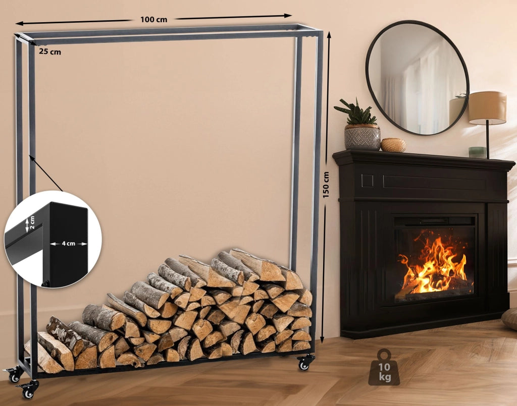 Portalegna per Camino HETTA in Acciaio Inox nero,25x100x150 cm