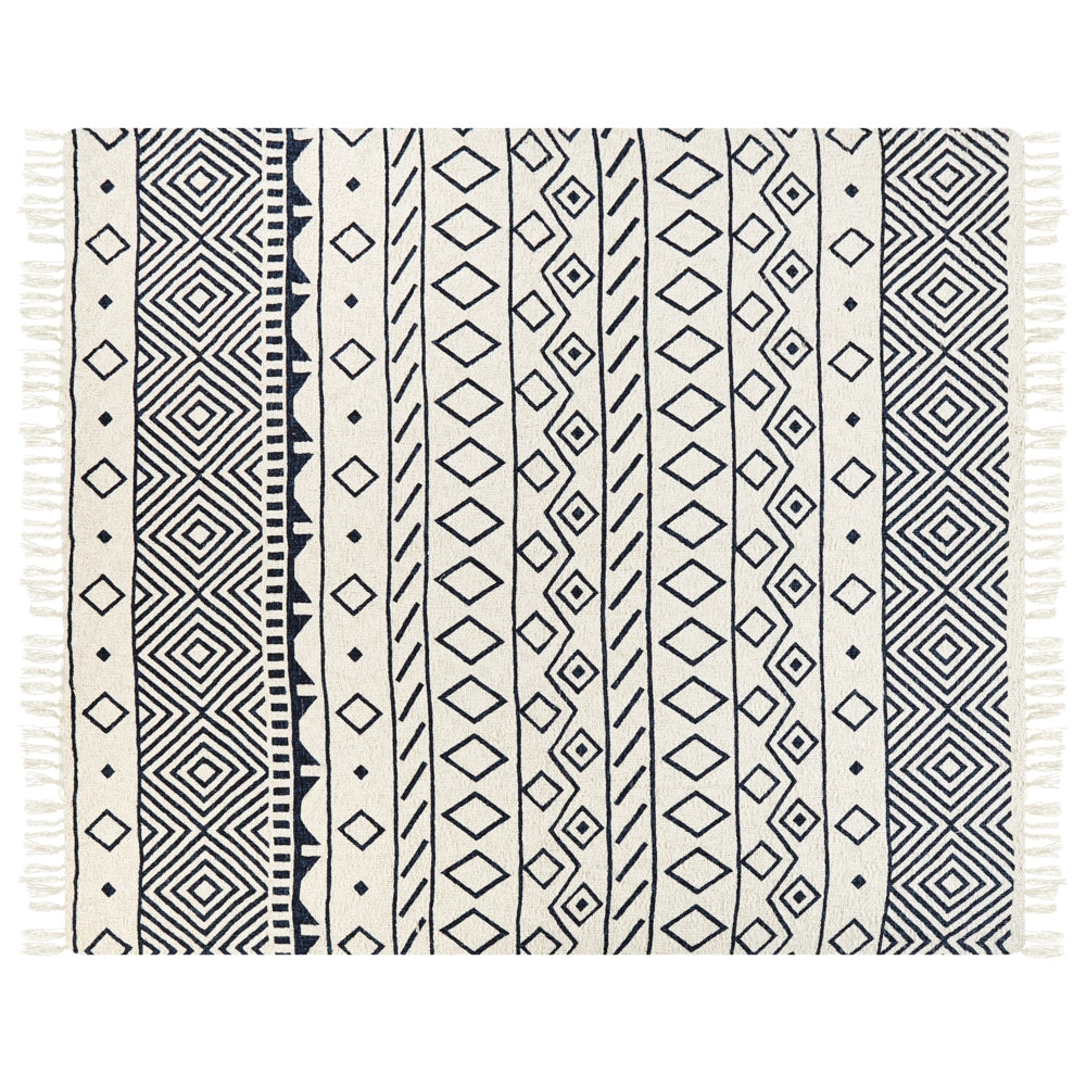 Plaid in cotone fatto a mano con motivo geometrico e nappe beige e blu marino 200 x 200 cm divano camera da letto soggiorno