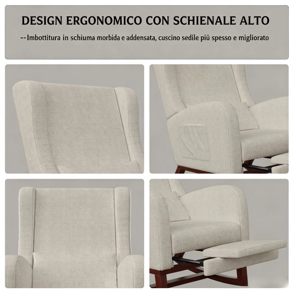Poltrona relax a dondolo 67x64x99 cm con poggiapiedi; sedia a dondolo da interno per allattamento struttura in legno e velluto opaco; beige