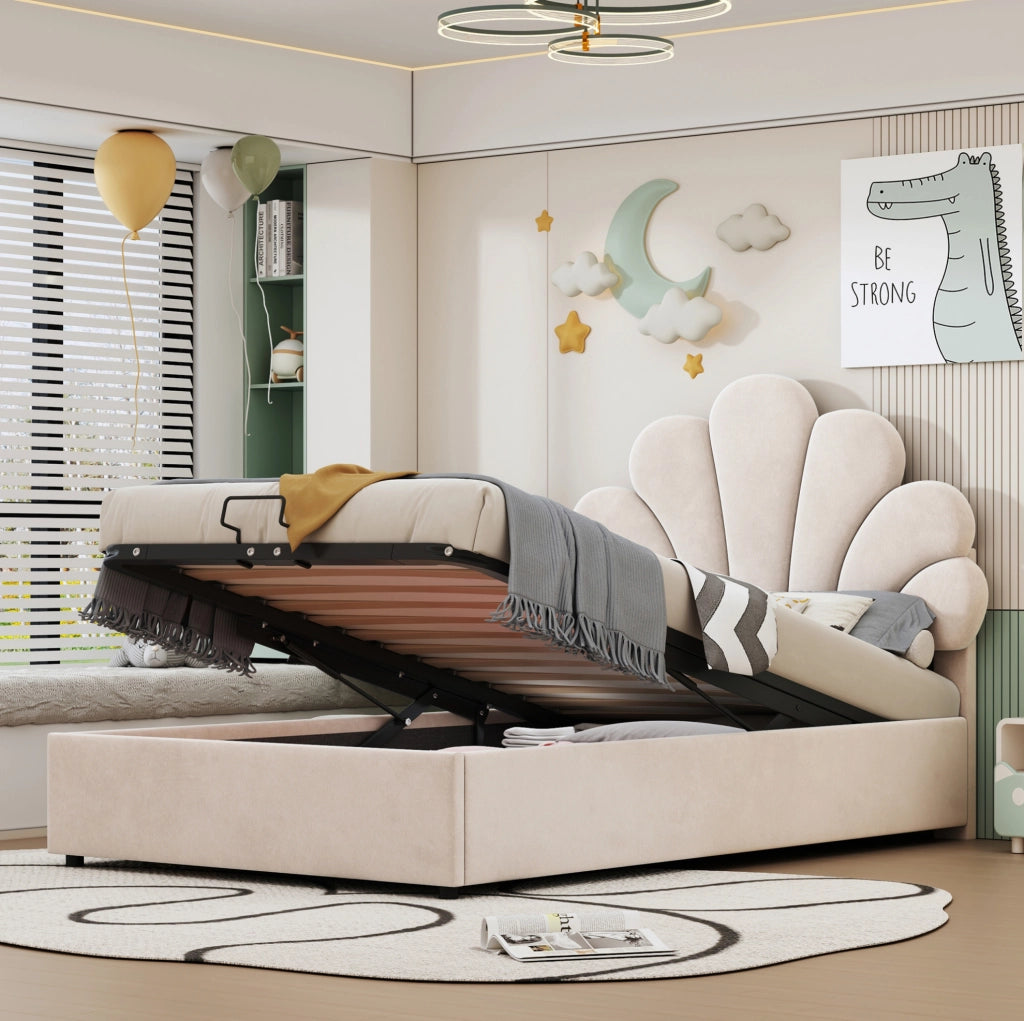 Letto singolo imbottito 90x200 cm con contenitore idraulico e rete a doghe; beige