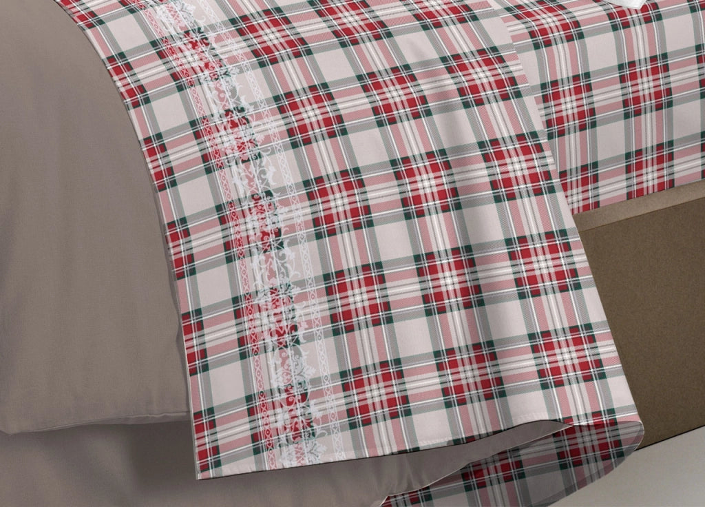 Completo Lenzuola Flanella Pensieri Delicati 100% Cotone Disegno Cervo Tartan - Singolo - Rosso