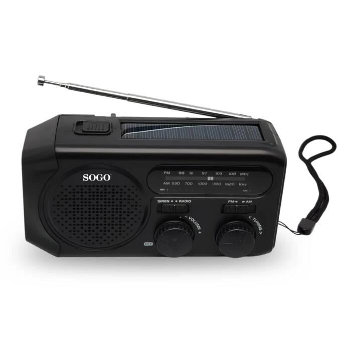 Radio portatile AM/FM con ricarica solare e dinamo, batteria 2000mAh, torcia LED di emergenza, caricabatterie USB - SOGO