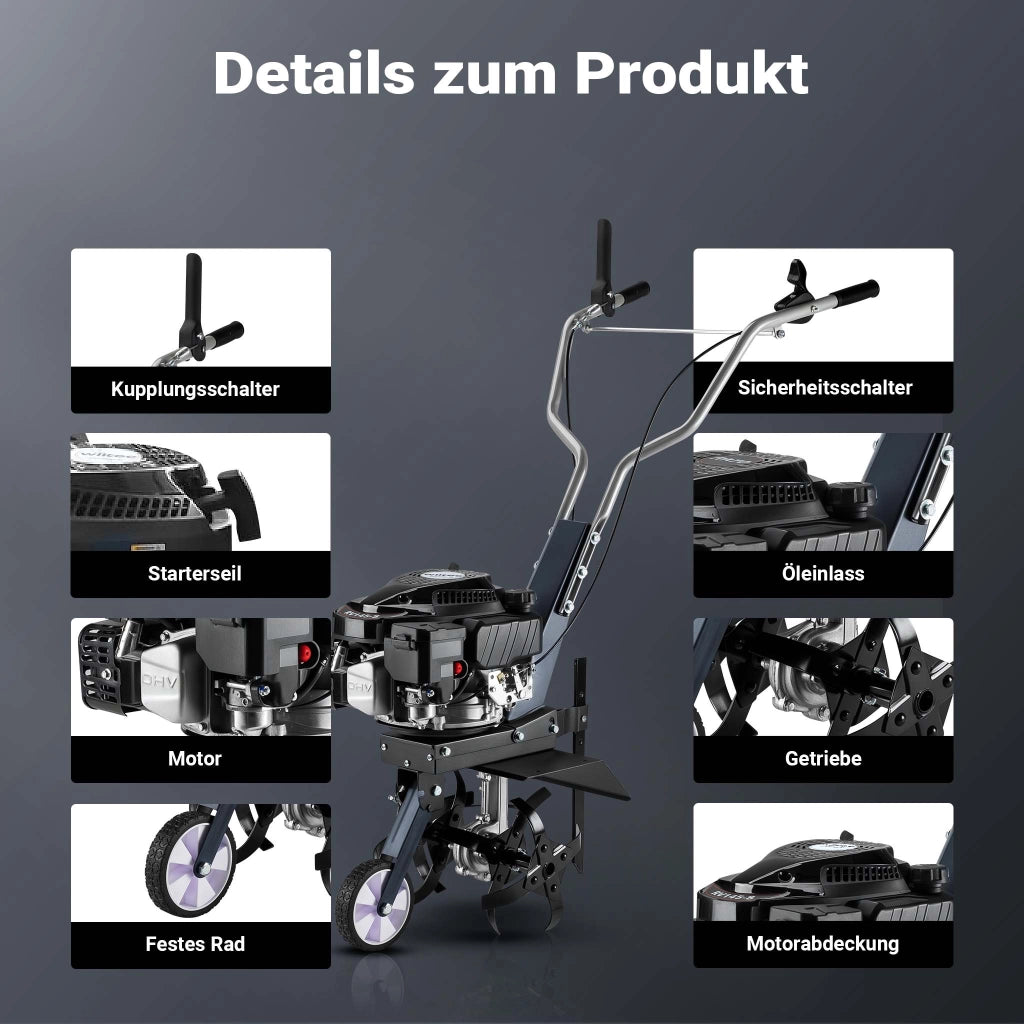 Motozappa a scoppio, fresa a scoppio, larghezza di lavoro 36 cm, profondità di lavoro 25 cm, motore a benzina a 4 tempi, 2,5 kW, 144cc , 4 set di lame
